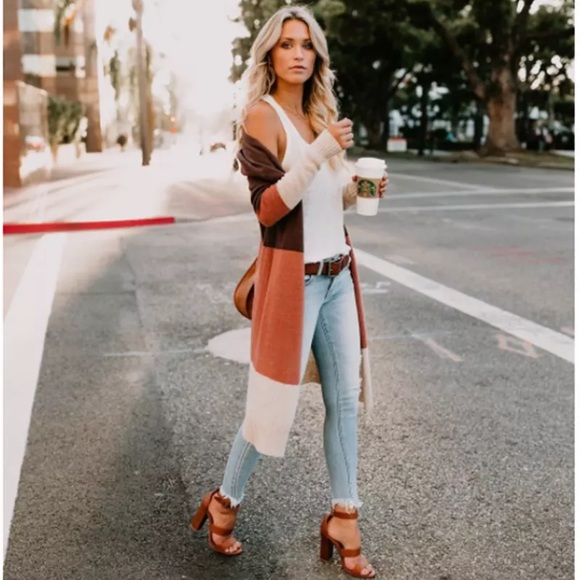 Long Cardigan Sweater Brown Tan and Orange - Picture 6 of 7